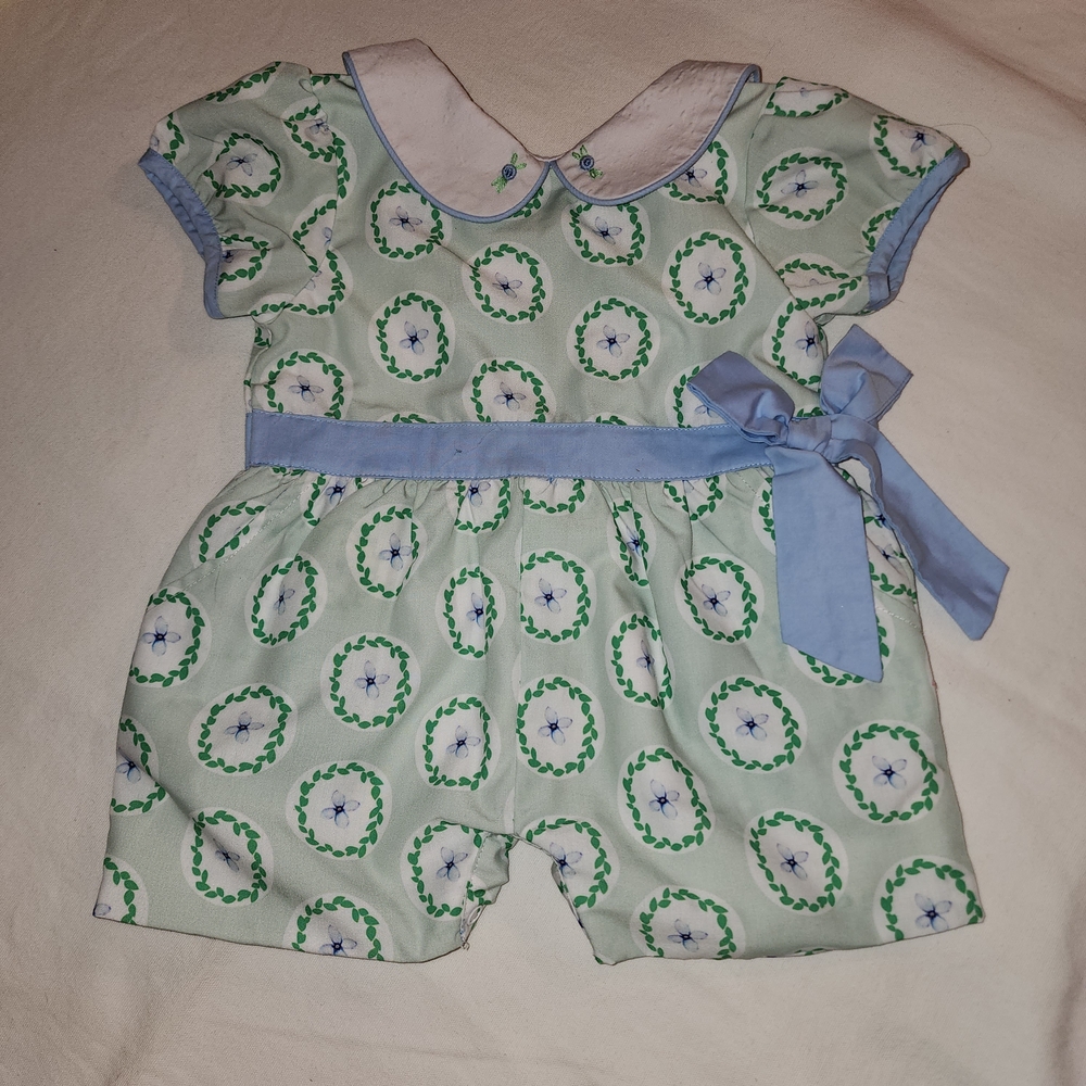 Mint Floral Baby Romper with Blue Bow